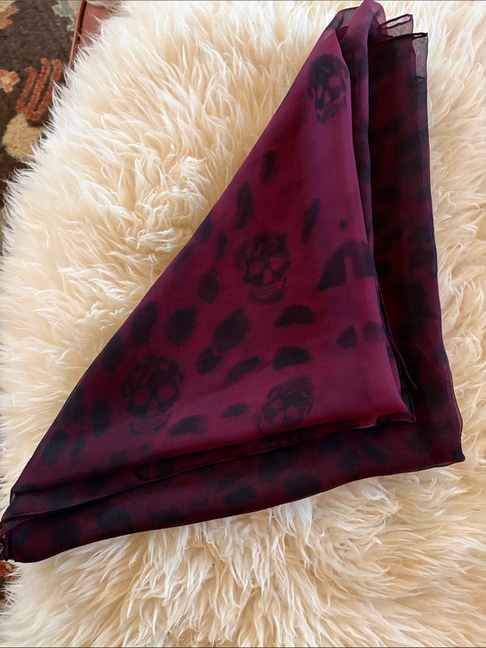 Alexander McQueen 100% silk scarf. Made in Italy, maroon/black skull 53x53